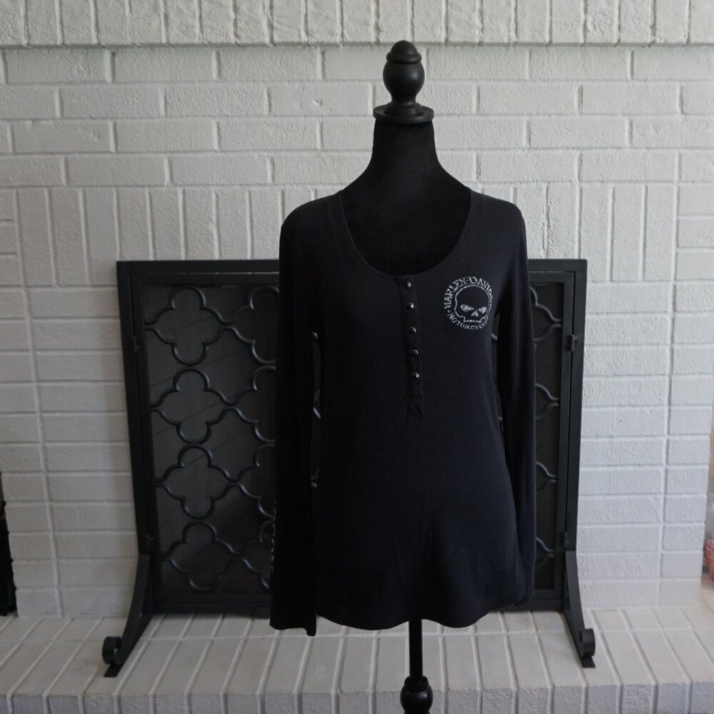 Harley Davidson Willy G Long Sleeve Black Top Womens Large L NWT